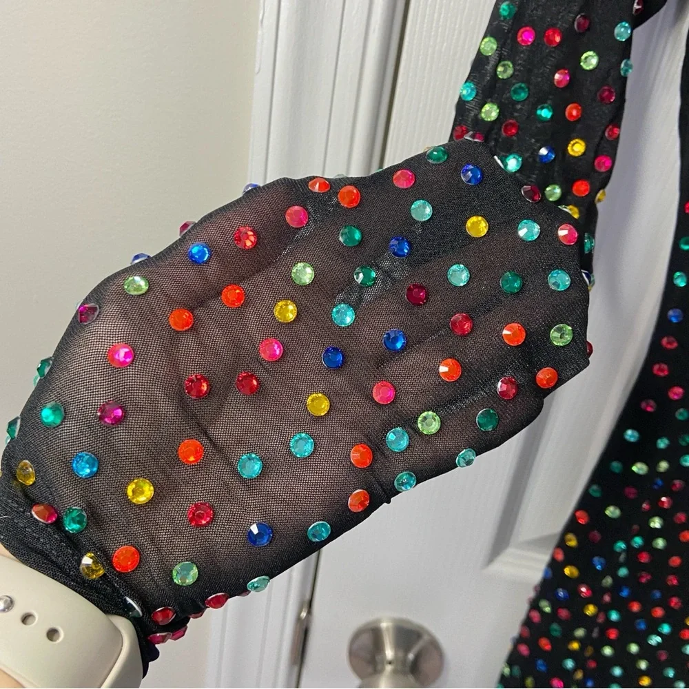 AKIRA Multicolored Rhinestone Bodycon Black Midi Dress Nylon Size Small - Picture 6 of 10